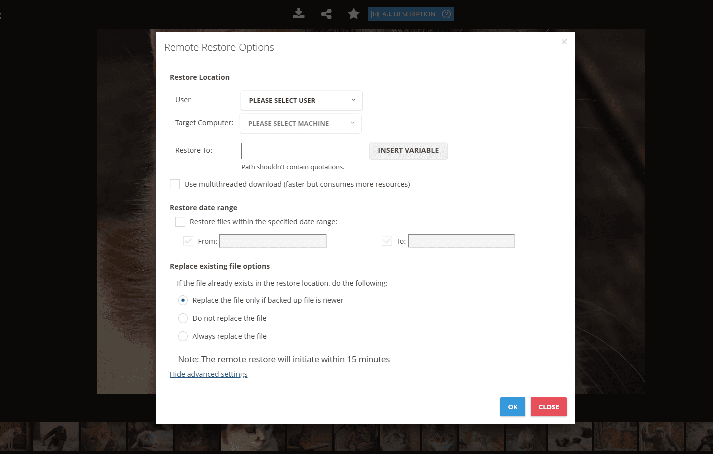 BigMIND Recovery Dashboard - One-click restore from any point in time with visual timeline