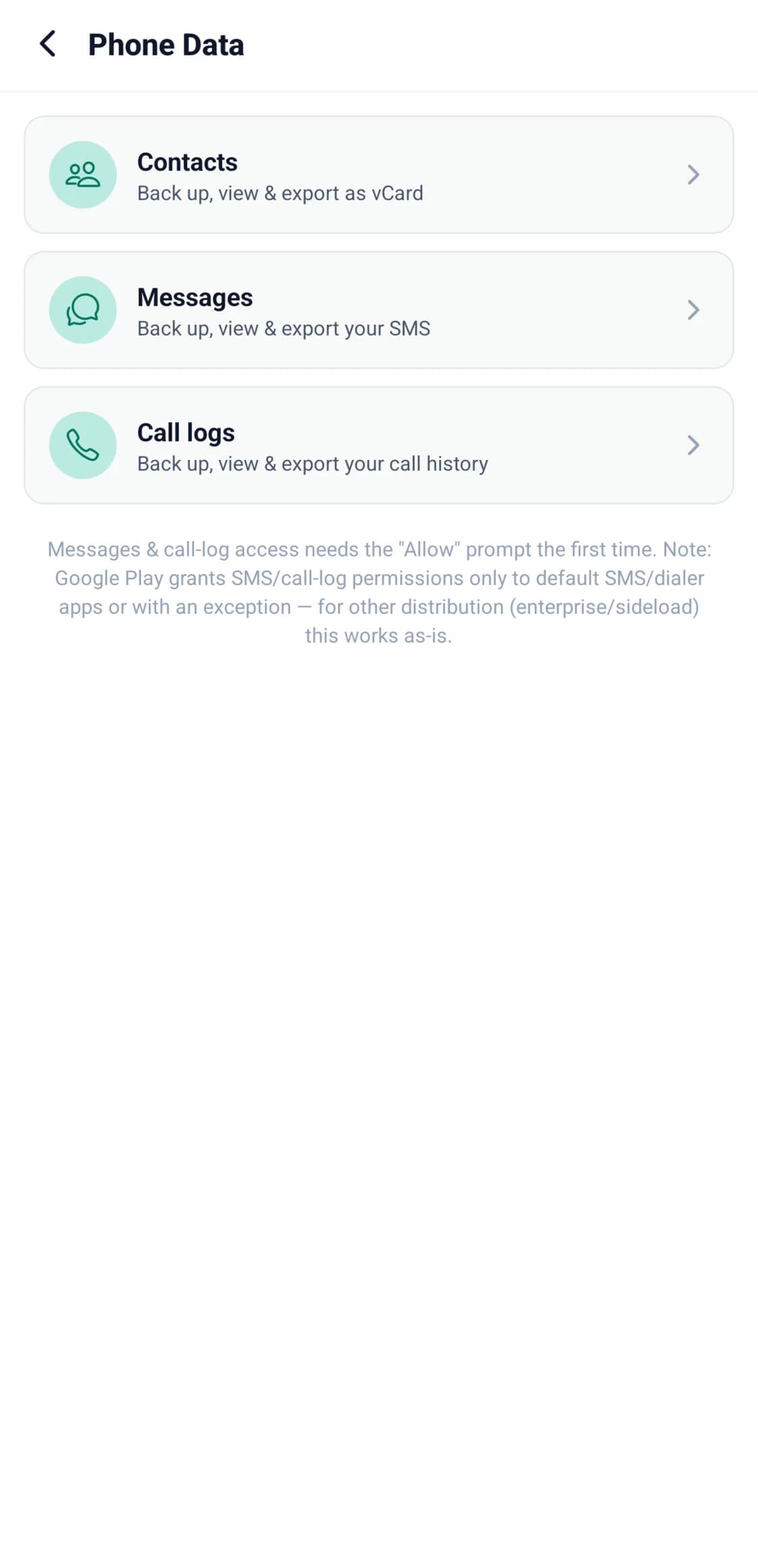 The Phone Data screen: back up, view and export contacts as vCard, messages and call history