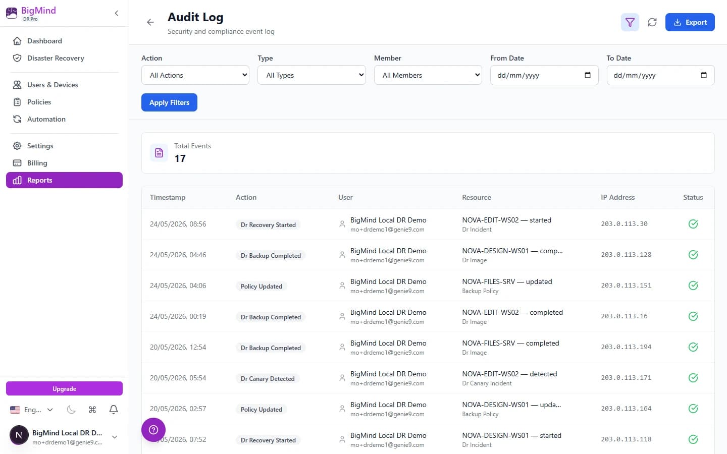 Audit Log — security and compliance event log with export