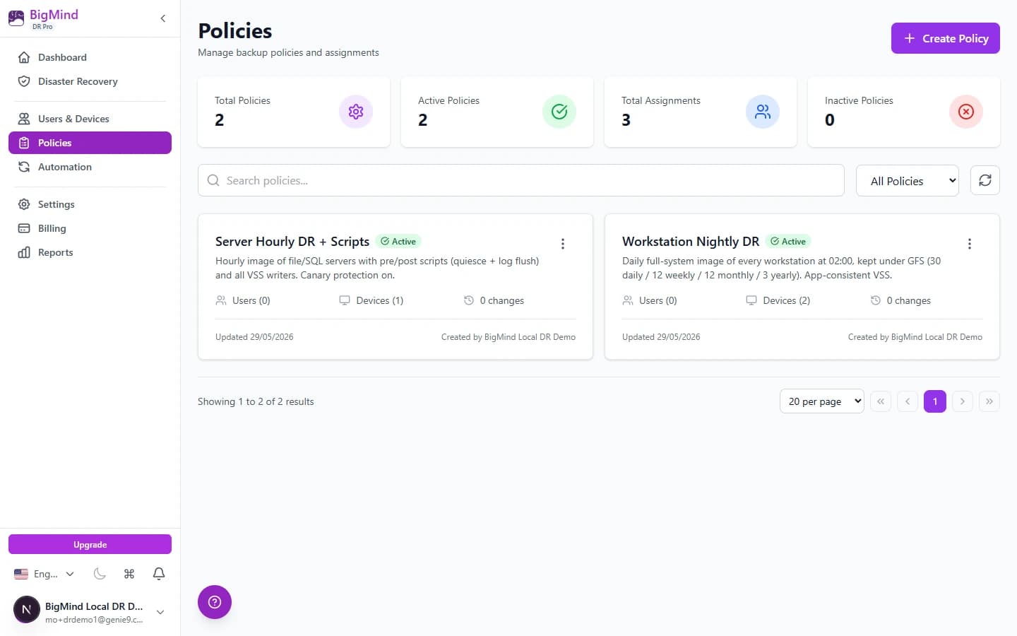 Backup policies and scheduling in BigMind DR