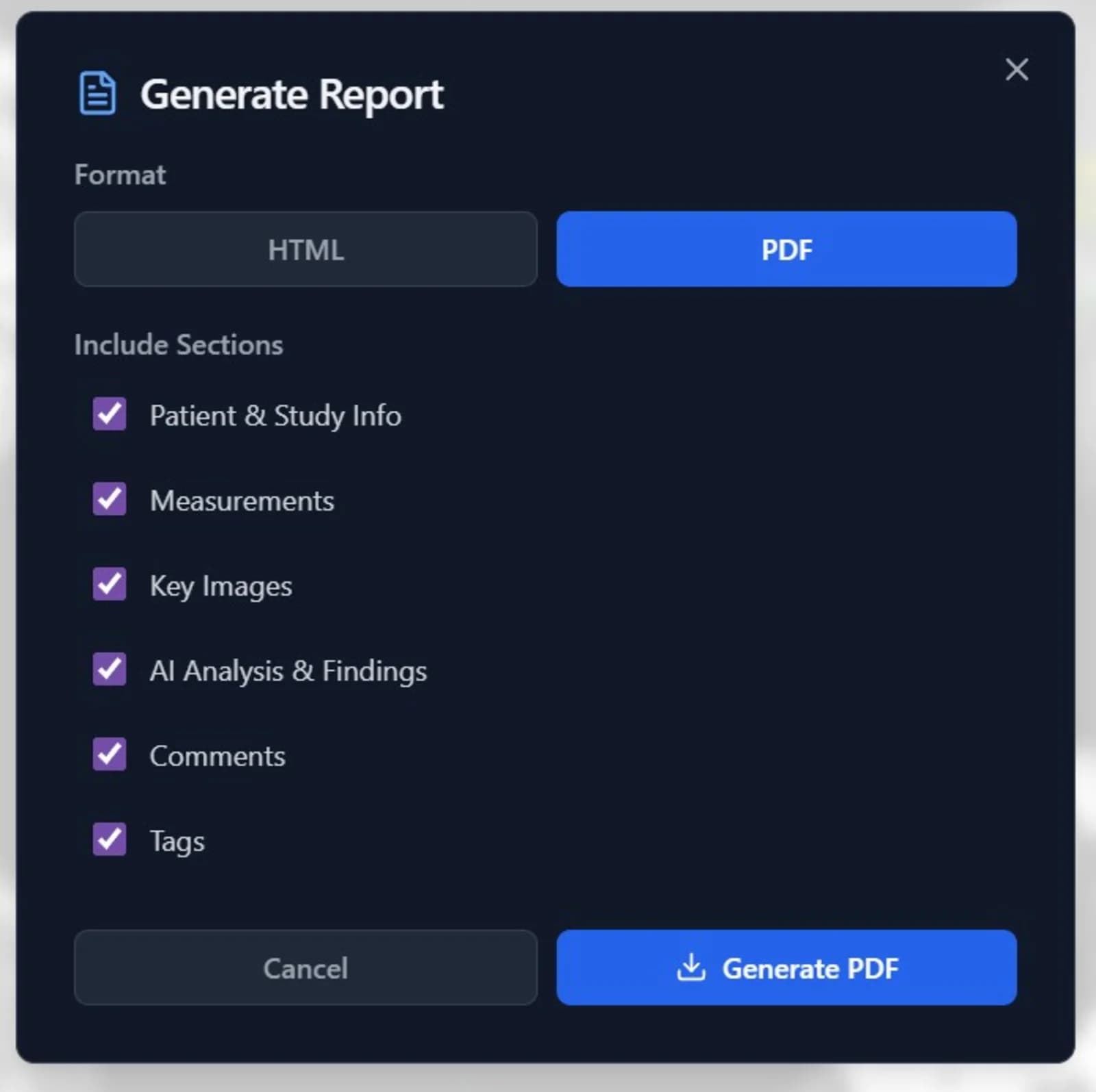 Professional PDF Report with AI Analysis and Measurements