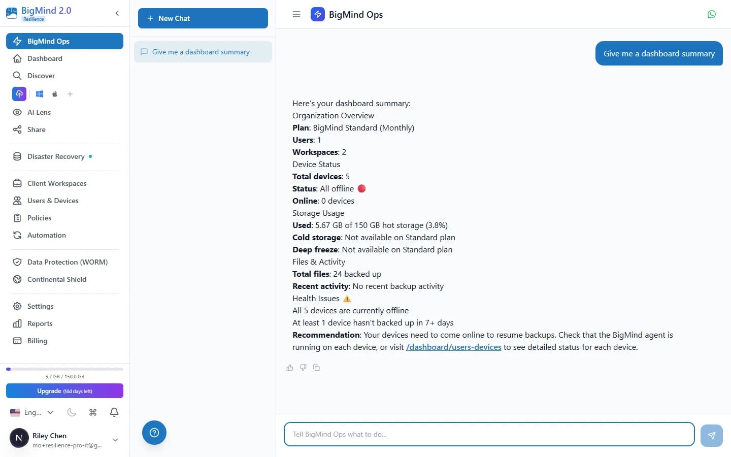 BigMind Ops AI — a streaming operations conversation acting on live backup data