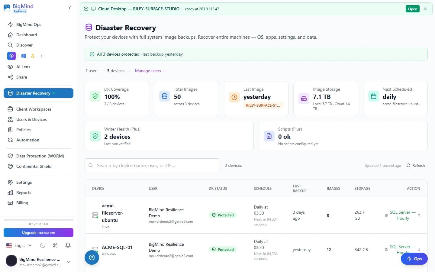 Recovery Shield overview showing app-consistent backup state