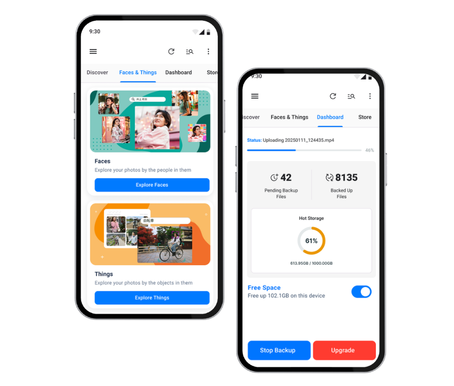 BigMind Resilience mobile app — Faces & Things gallery and the protected-status dashboard