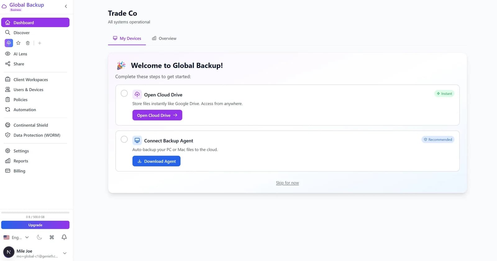Generic mode — standard backup dashboard