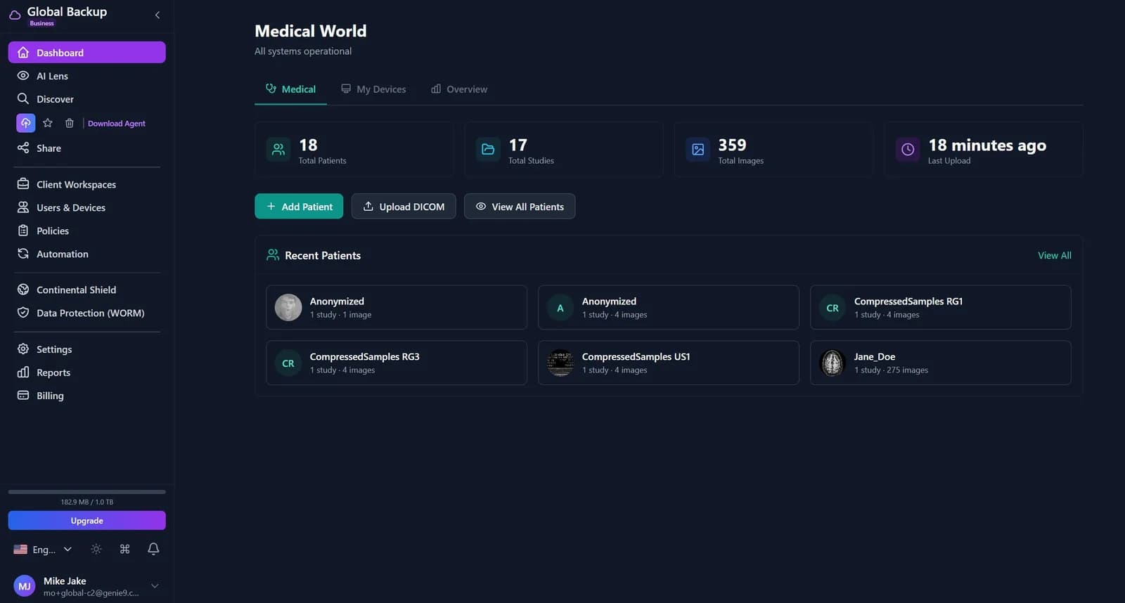 Medical mode — patient database with DICOM support