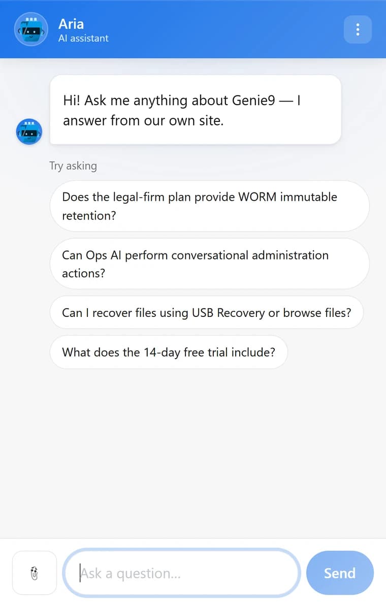 The Genie AI chat widget with Blue (#1c74e9) as the brand colour, carried through the header, the avatar ring, the composer and the Send button