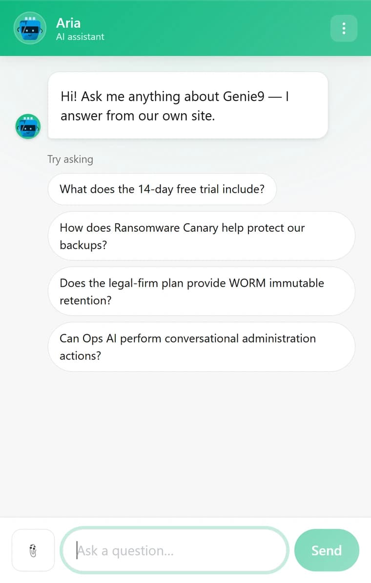 The Genie AI chat widget with Emerald Green (#10b981) as the brand colour, carried through the header, the avatar ring, the composer and the Send button