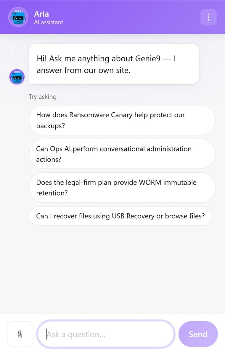 The Genie AI chat widget with Royal Purple (#8b5cf6) as the brand colour, carried through the header, the avatar ring, the composer and the Send button