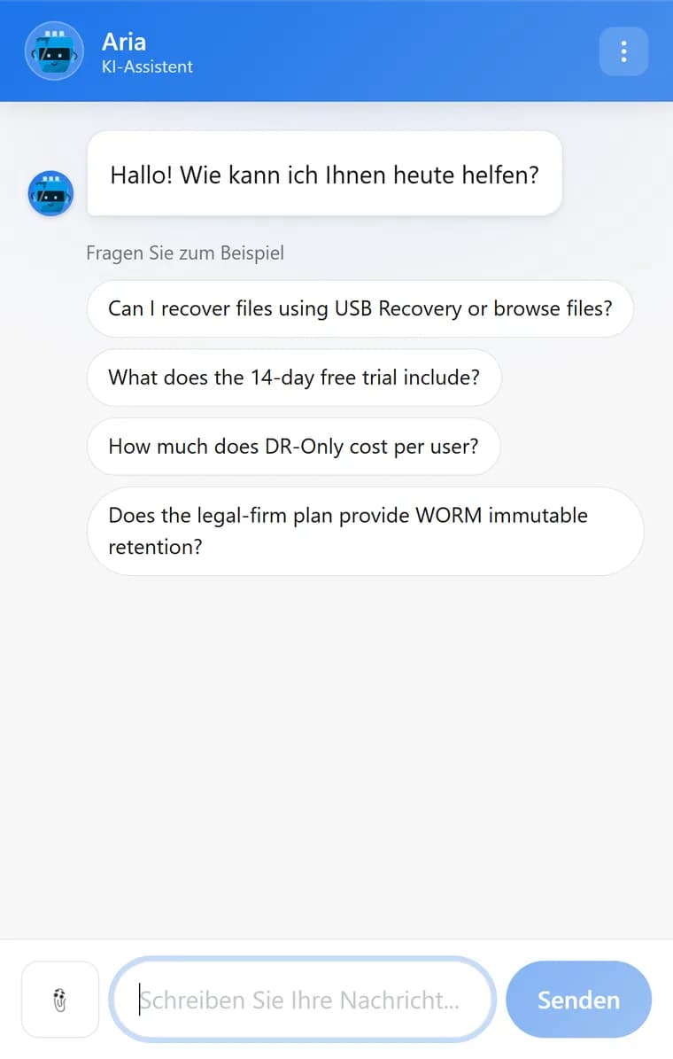 The Genie AI chat widget in Deutsch, showing its greeting and suggested questions