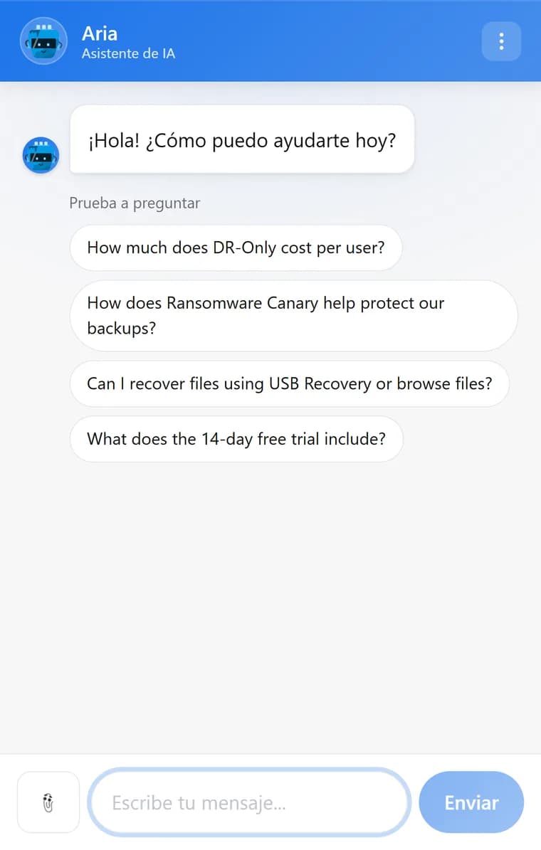 The Genie AI chat widget in Español, showing its greeting and suggested questions