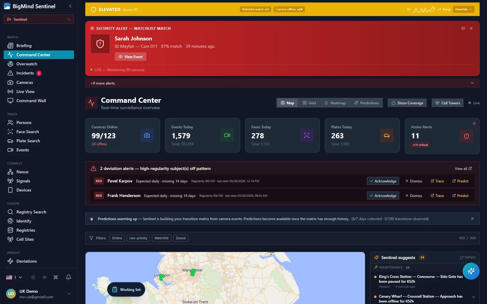 The Sentinel Command Center — a live estate map with the security posture, active alerts and camera coverage, running on the customer's own infrastructure