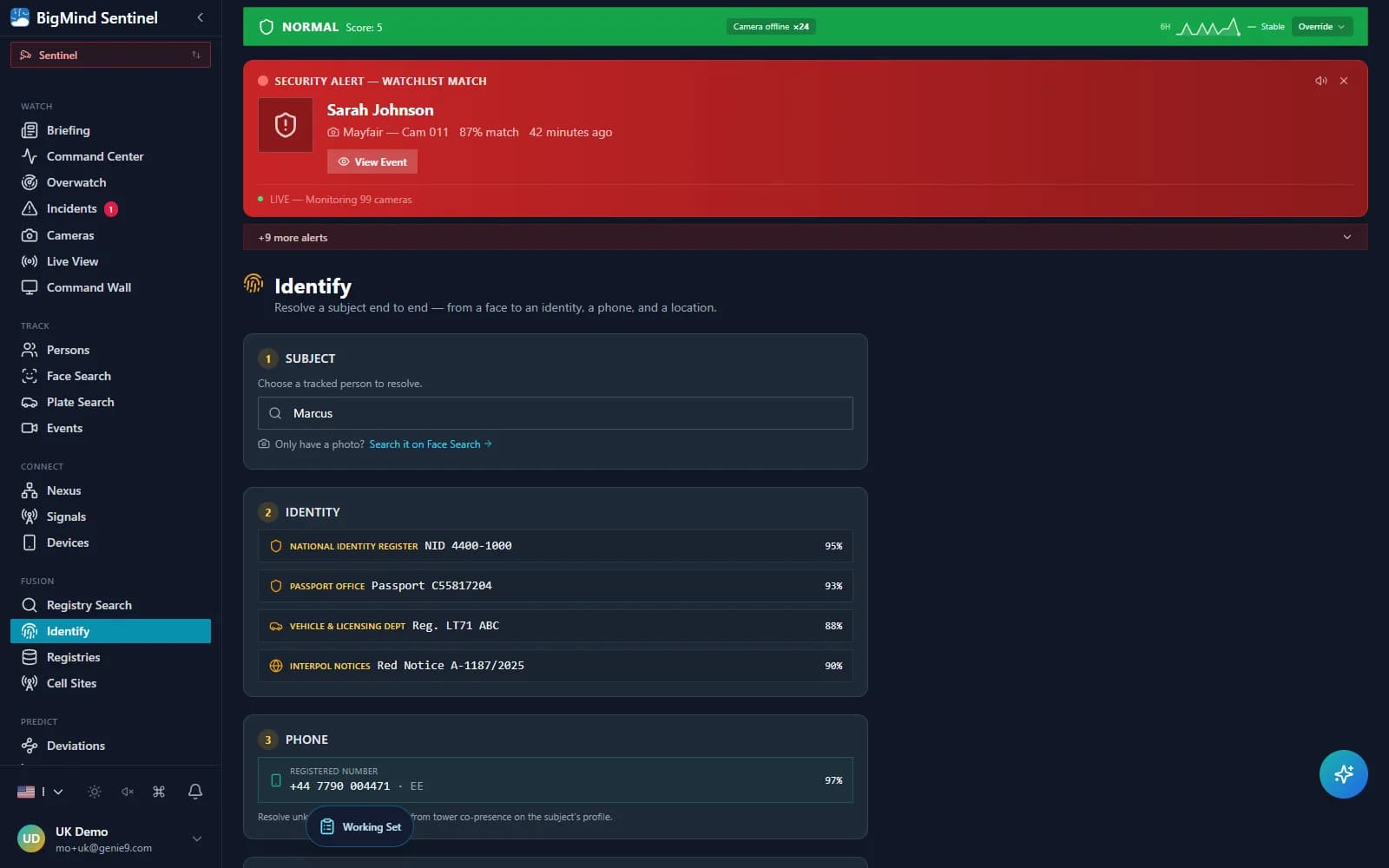The Get-ID Resolve Identity dock — by-name and by-face modes, ranked candidates with a confidence band, and a Confirm & link action