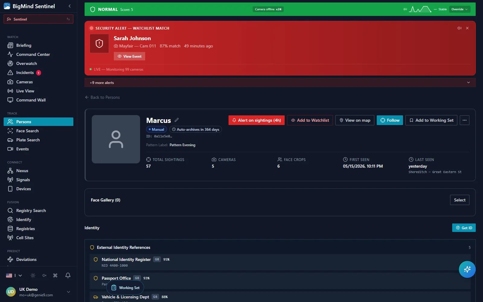 A subject profile on the Sentinel console — external identity references, sightings, pattern-of-life and the Get-ID action on one canvas