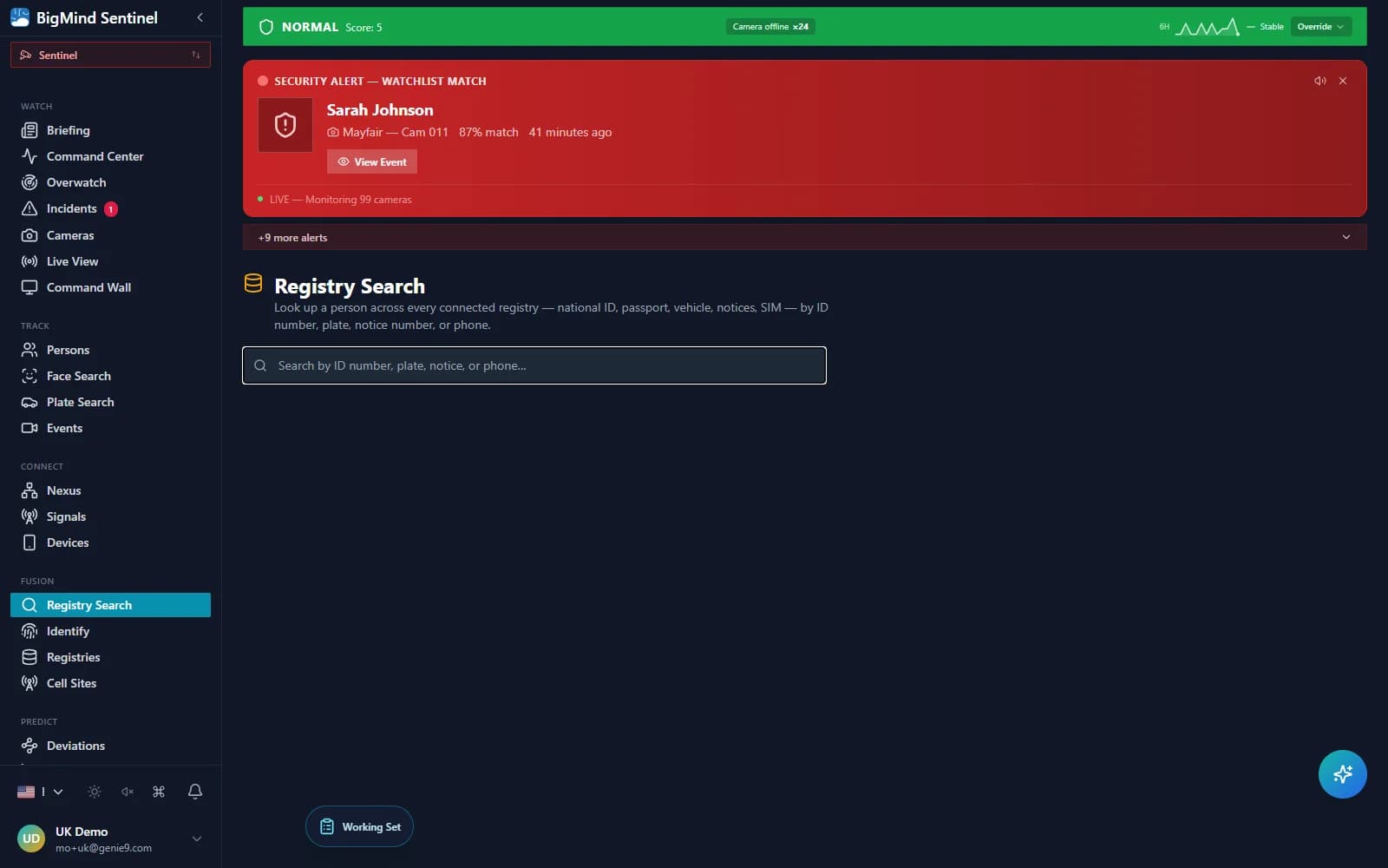 Registry Search — one query box returning results across national ID, passport, licence, vehicle, notices and SIM with source badges and masked labels