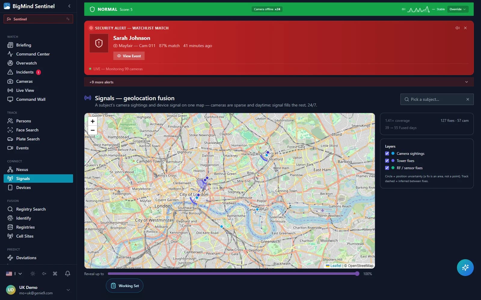 The Signals map — camera sightings and signal fixes on one canvas, each fix drawn as a region with tower pins and a time playhead over the movement track