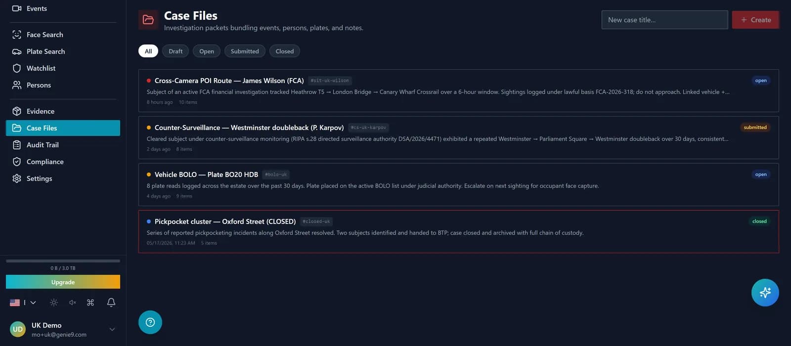 Case file detail showing attached events list, required vs completed signatures, a biometric Sign prompt, and a submit gate locked until threshold is met