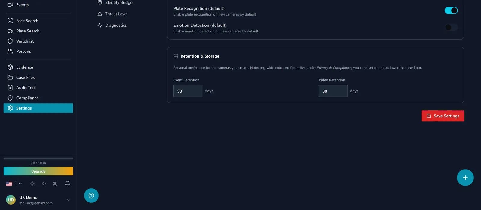 RBAC settings page showing built-in roles (Operator, Supervisor, Investigator, Admin) with per-category level toggles and a per-user camera-group scope selector