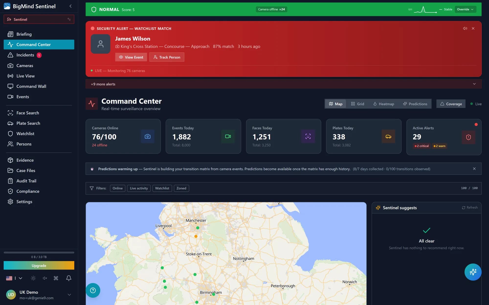 Command Center — live city map with status-colored camera pins, event feed, and threat dial