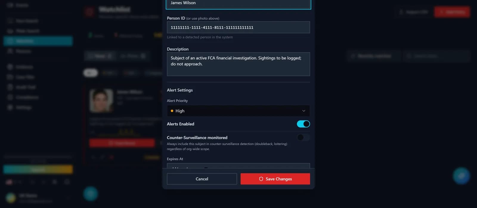 Add-to-watchlist panel opened from a search result: face crop carried over, name pre-filled, category suggested, lawful-basis dropdown and document-reference field required