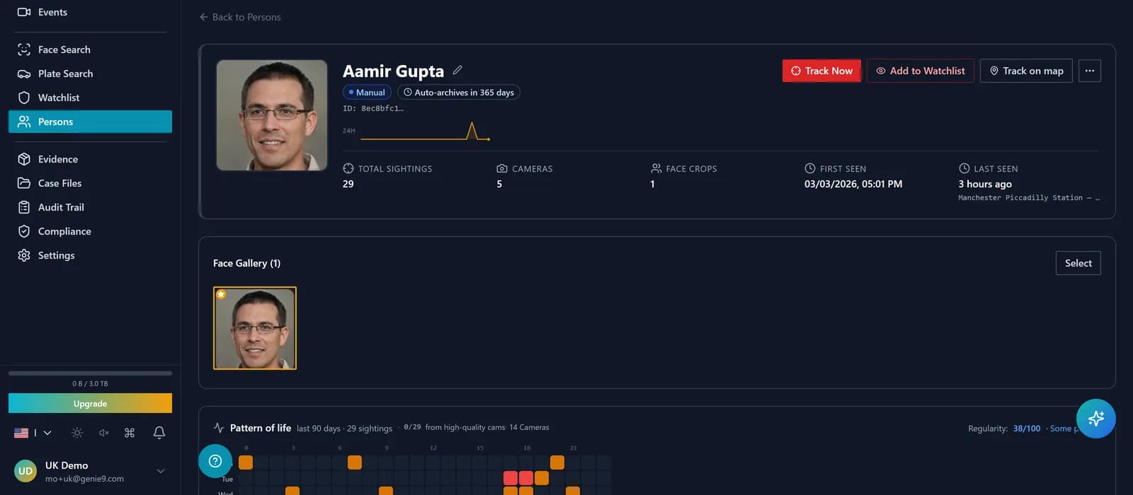 Person profile hero: blurred face crop, editable name, identity-confidence band, and the 5-field stat grid