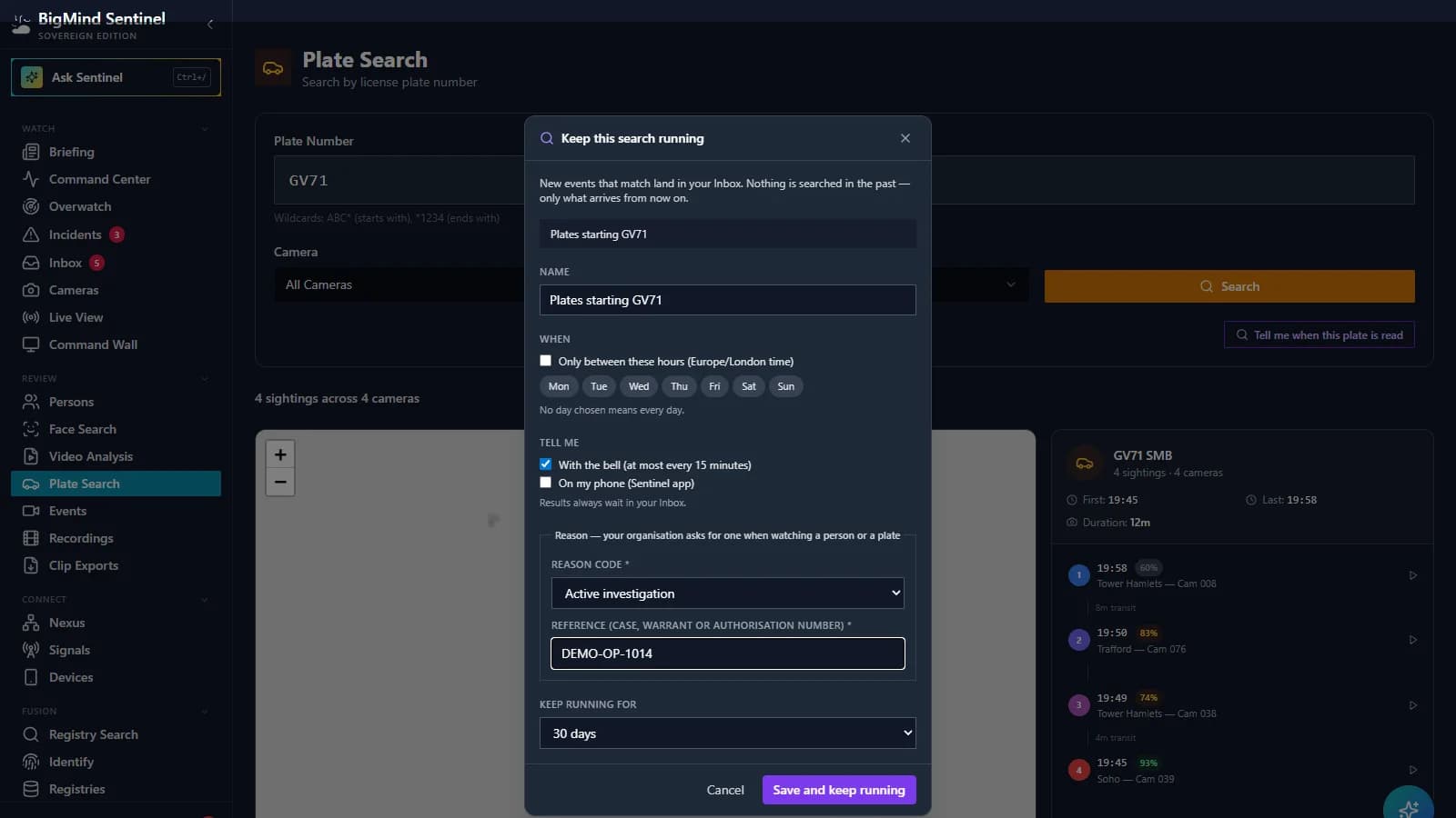 Plate Search with the Keep this search running dialog: name, hours and days, bell and phone options, reason code, reference and how long it runs