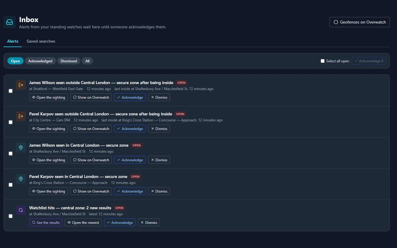 The Inbox listing open alerts from geofences and a saved search, each with Open the sighting, Show on Overwatch, Acknowledge and Dismiss