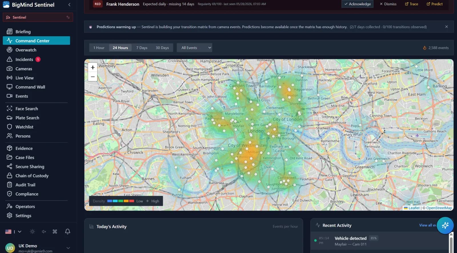 Command Center heatmap showing geographic crowd density across the camera estate