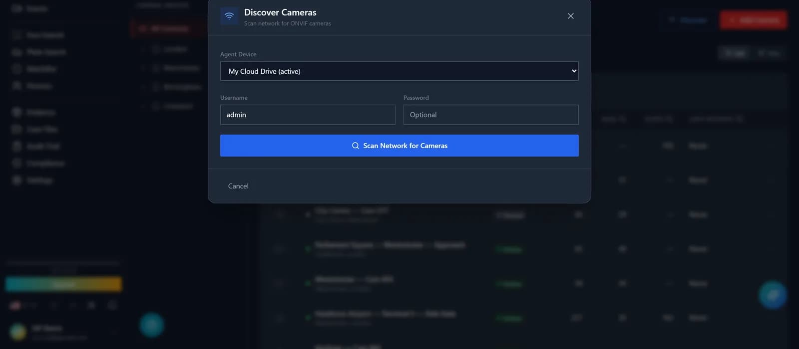 ONVIF discovery dialog listing found cameras with manufacturer, model, and IP