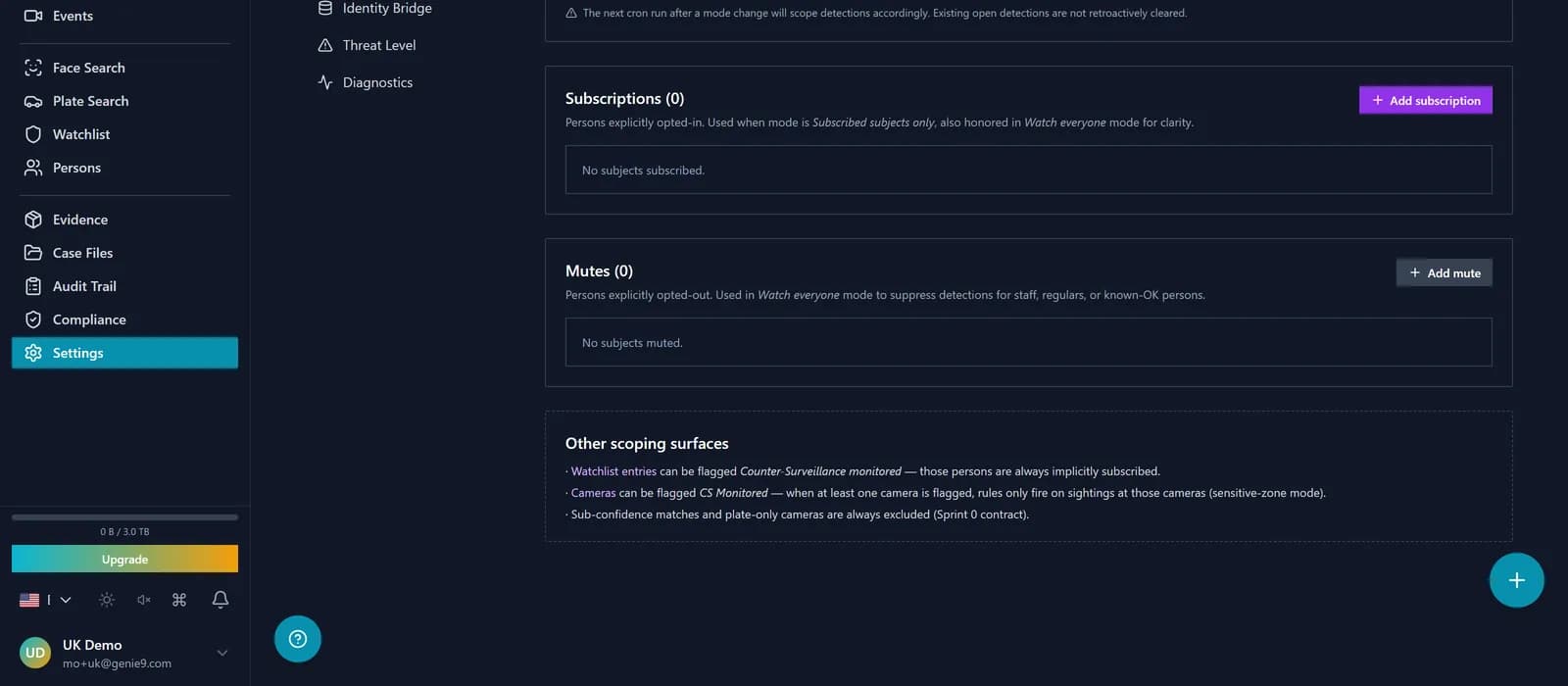 Counter-surveillance detection card: severity pill, subject link, the cameras involved, and the doubleback/loitering summary with lifecycle controls