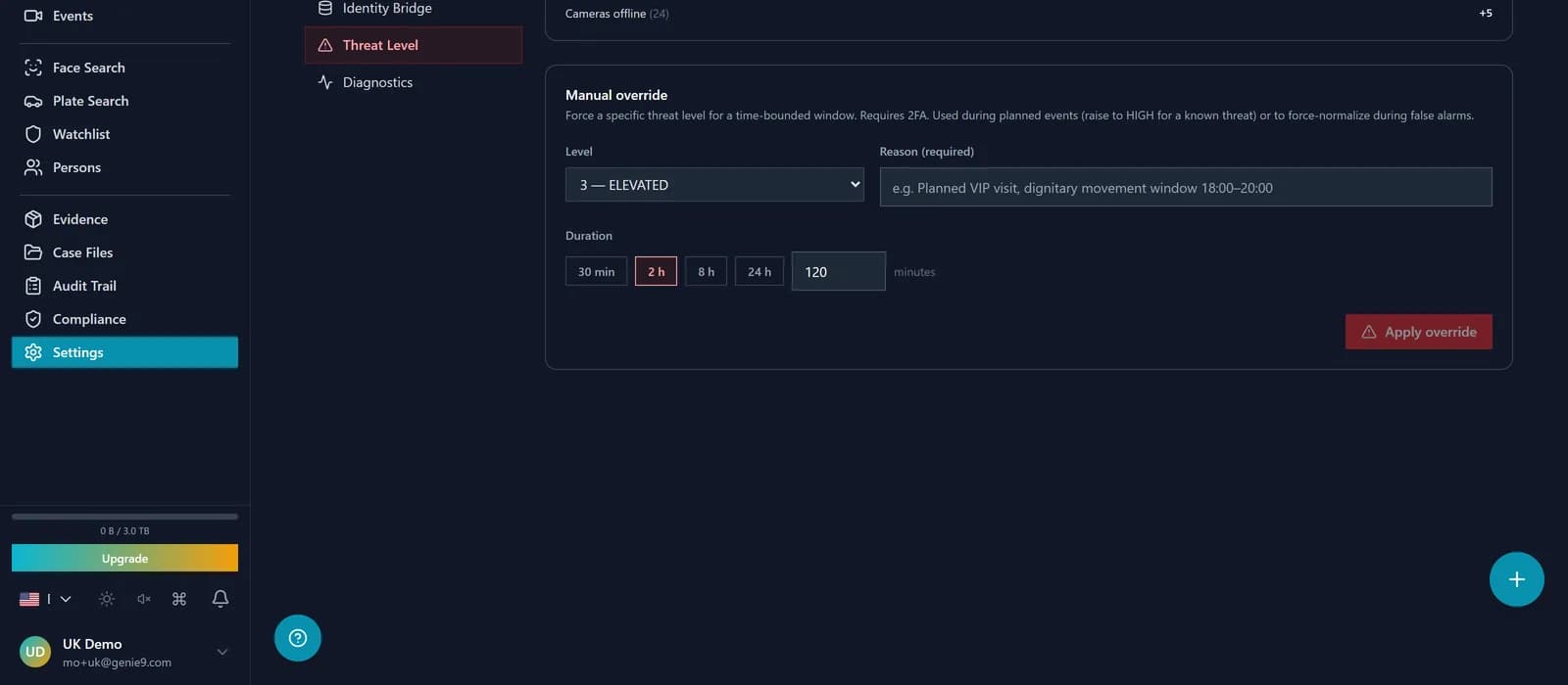 Manual override dialog with level selector, required reason field, duration selector, expiry countdown, and an audit-log line forming