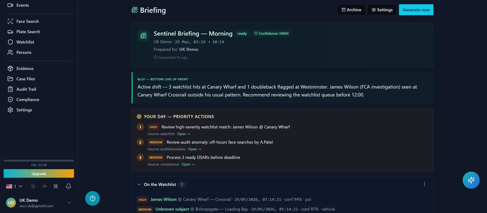 Full brief in-app with BLUF headline, HIGH confidence badge, and seven section cards collapsed — beside a second brief showing the "Quiet shift" empty state