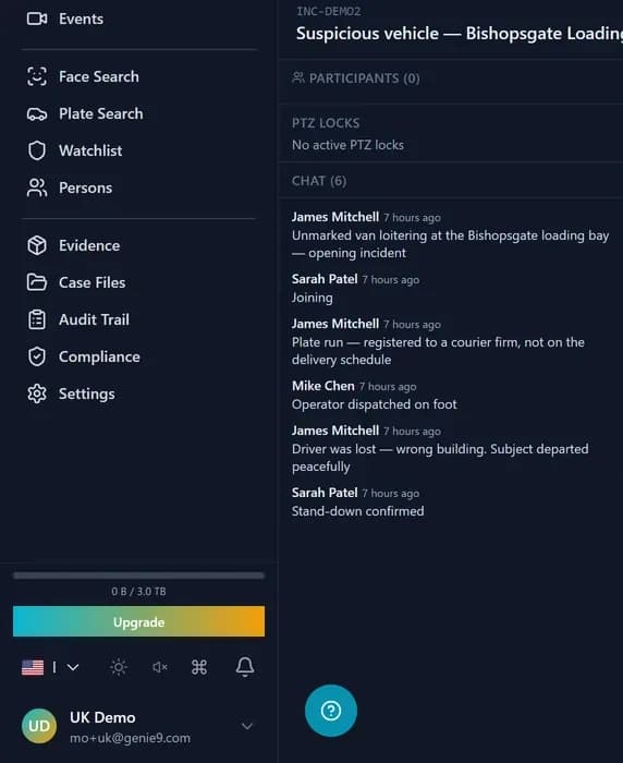 Mission Live Board coordination panel: participant rail with role tags, PTZ-lock state, and the incident chat for an active incident