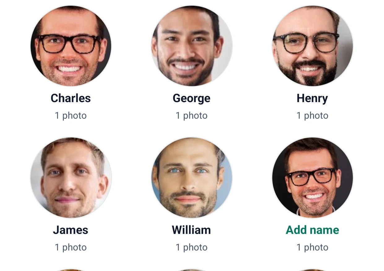 Photos grouped by face in the BigMind mobile app, each group nameable