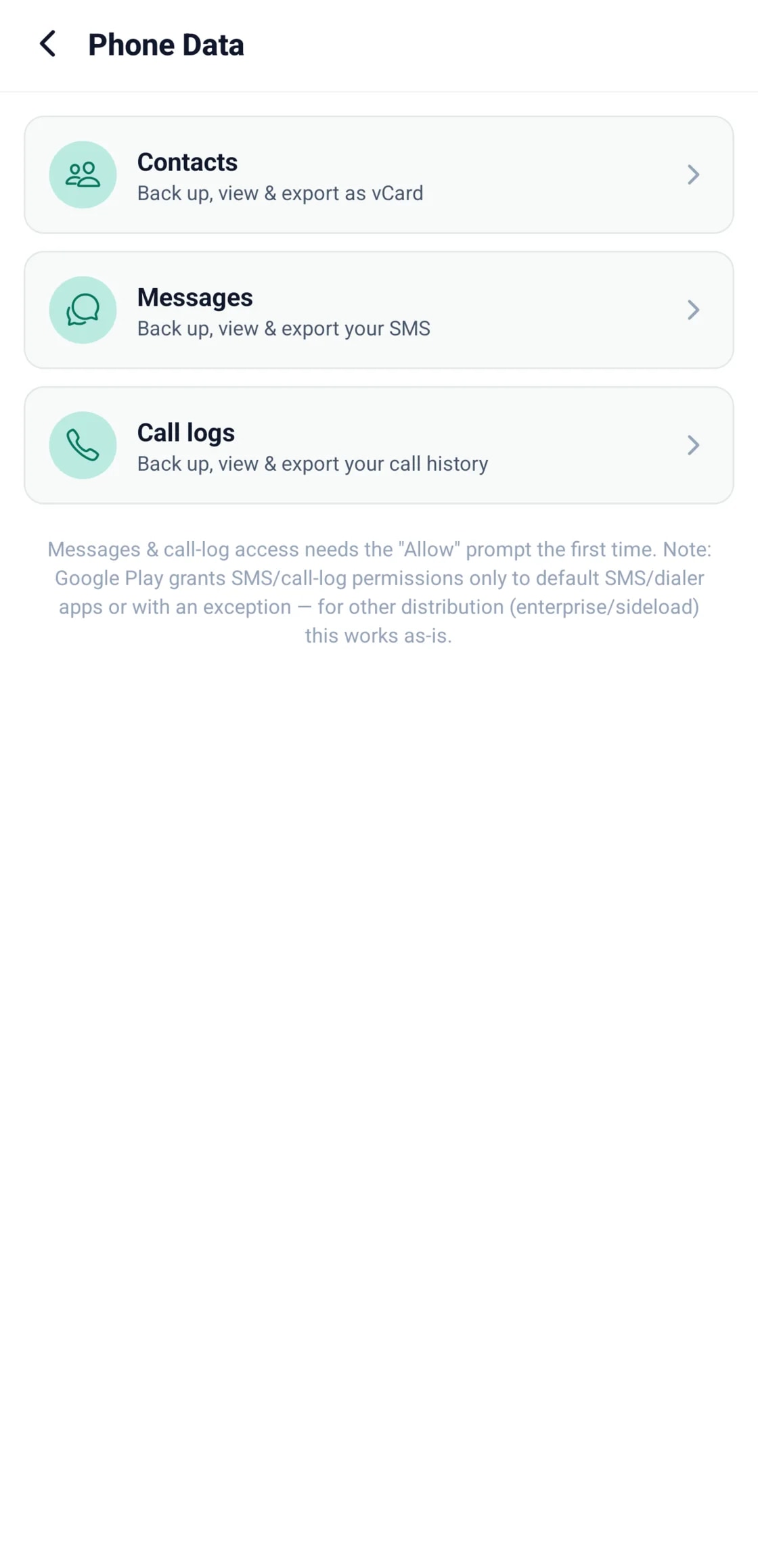 The Phone Data screen: back up, view and export contacts, messages and call history