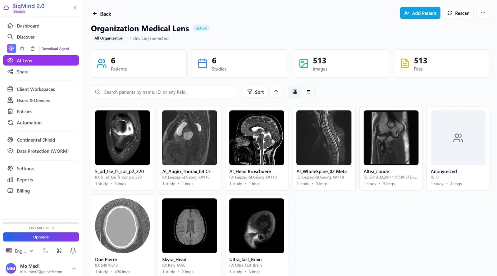 BigMind Medical patient database — studies auto-organized and searchable by patient, with thumbnails