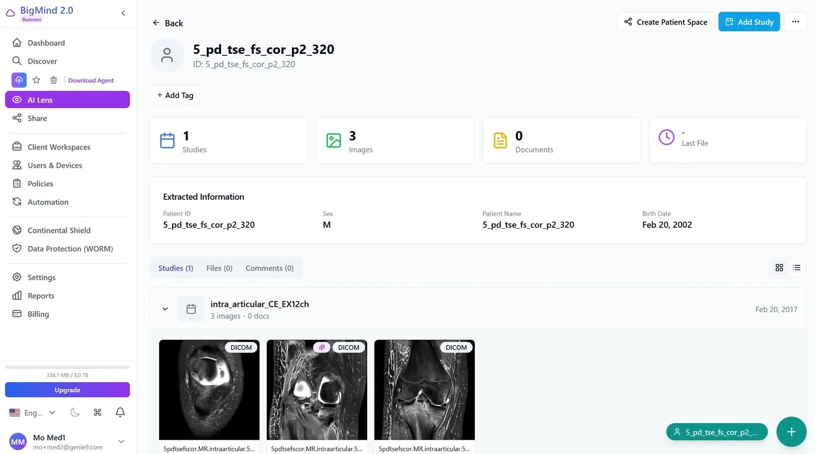 BigMind Medical patient detail view — studies and series organized under one patient record