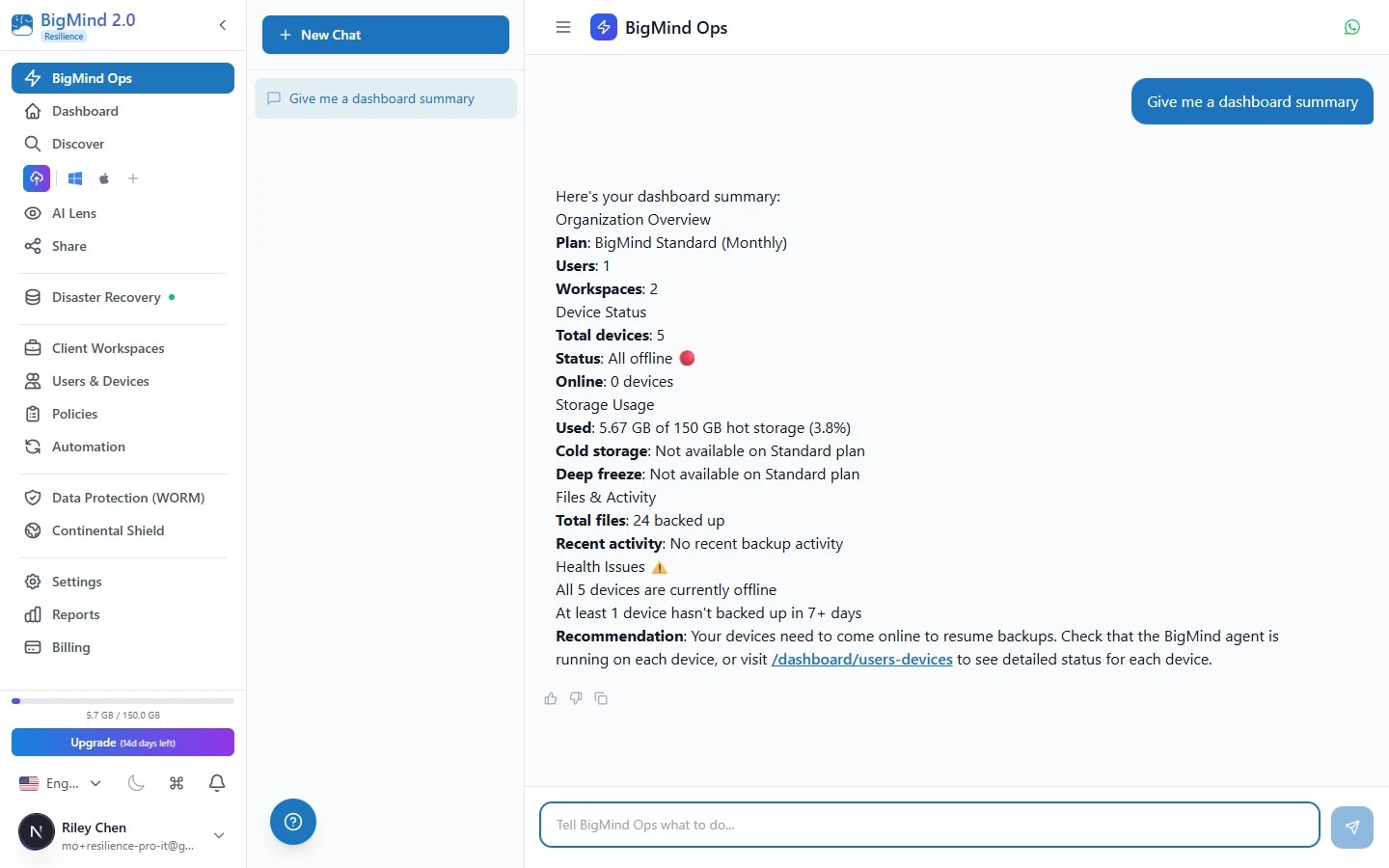 BigMind Ops AI — a streaming operations conversation acting on live backup data