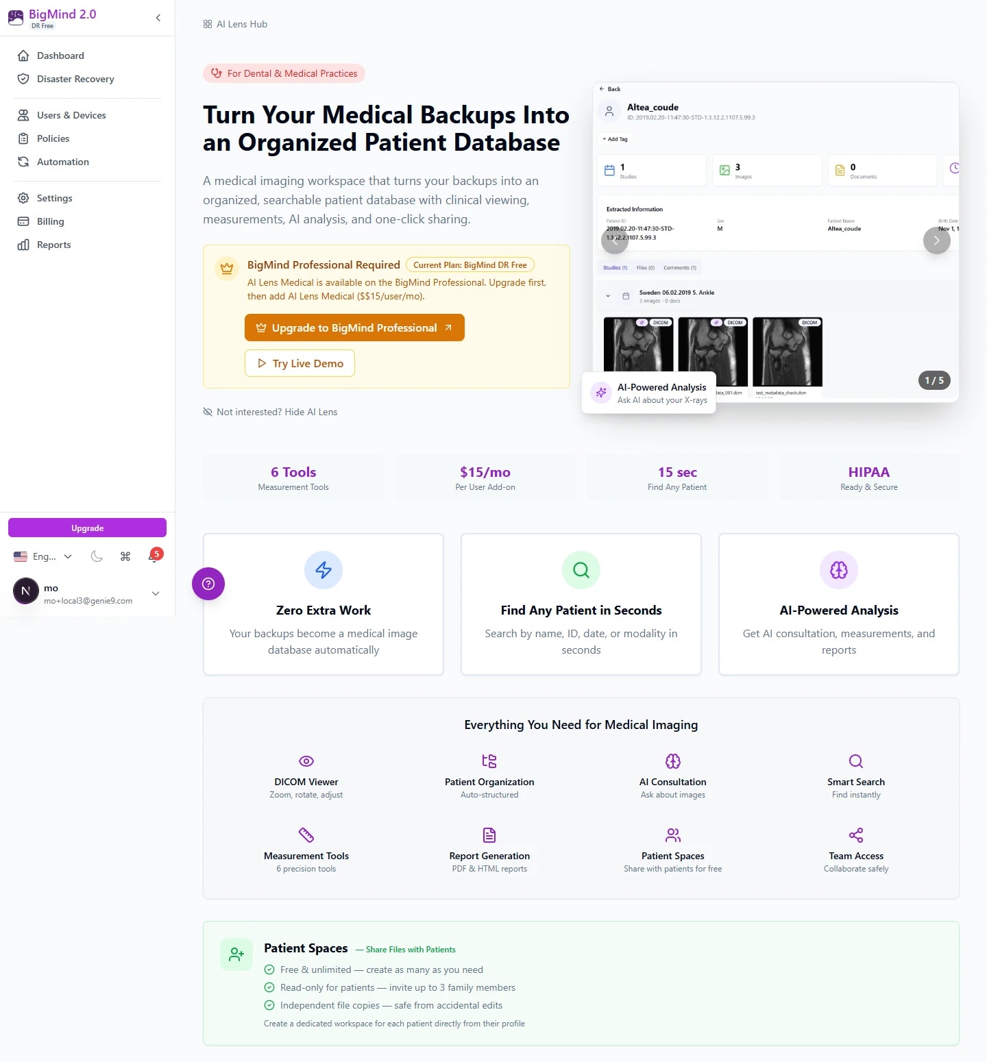 AI Lens Medical workspace in BigMind Resilience — DICOM studies searchable by patient ID, modality, and date