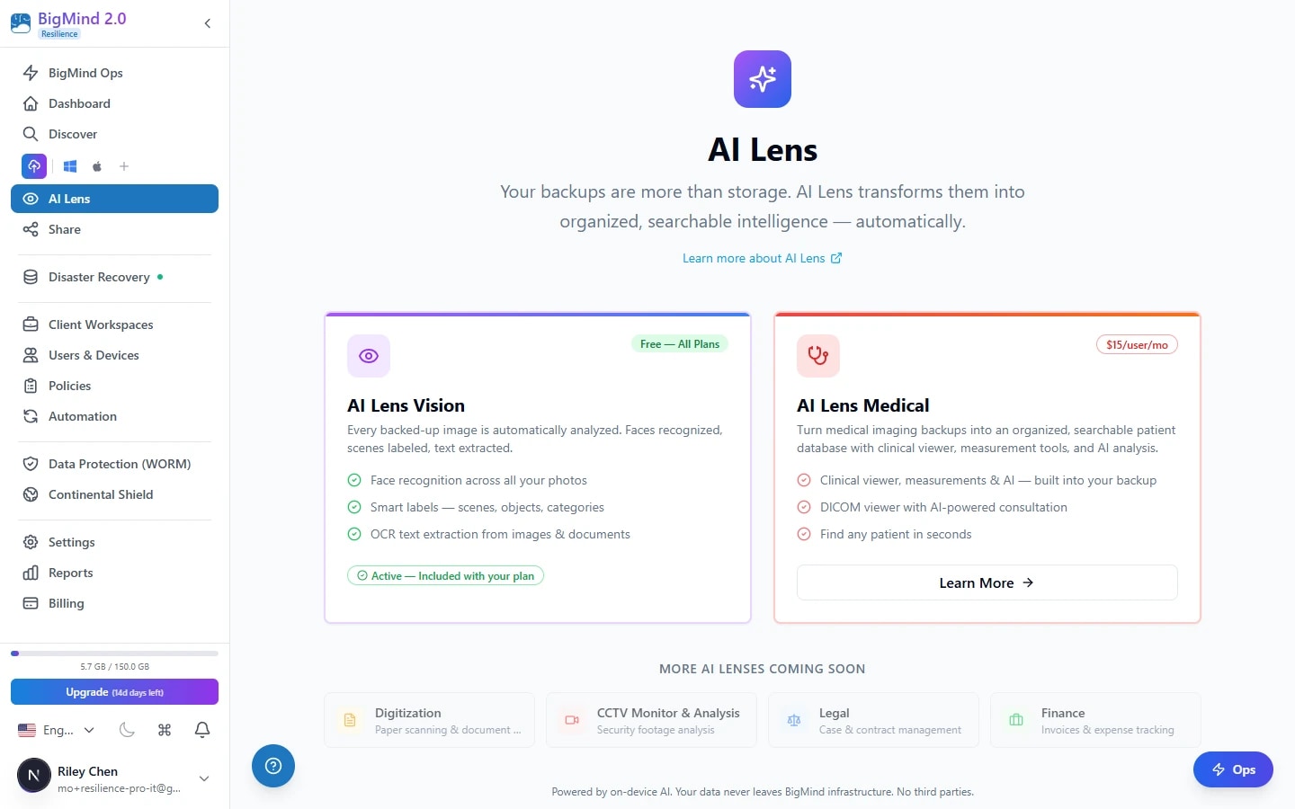 AI Lens in BigMind Resilience — face, label, and text search across backed-up media