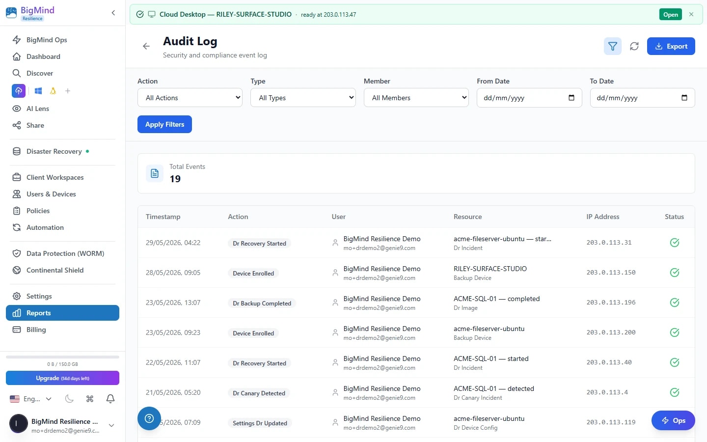 BigMind Resilience workspace activity log — every action time-stamped with user and IP
