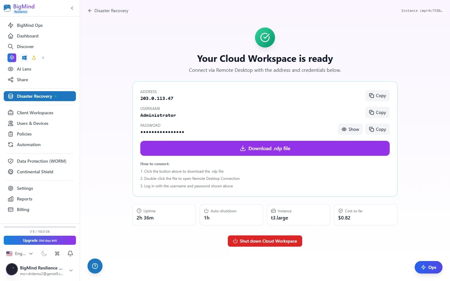BigMind Resilience Cloud Desktop — booting a client backup as a metered Windows VM