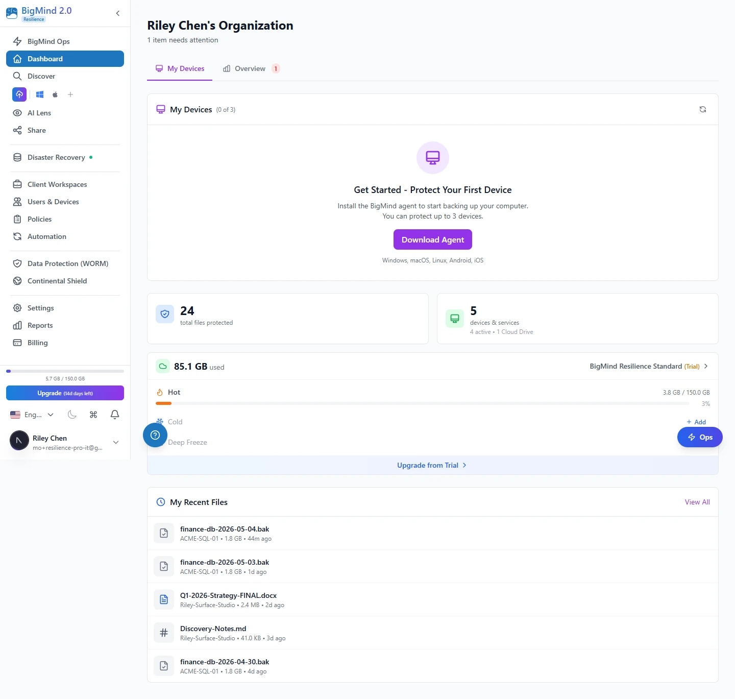 BigMind Resilience dashboard — storage, devices, backup health, and activity in one view