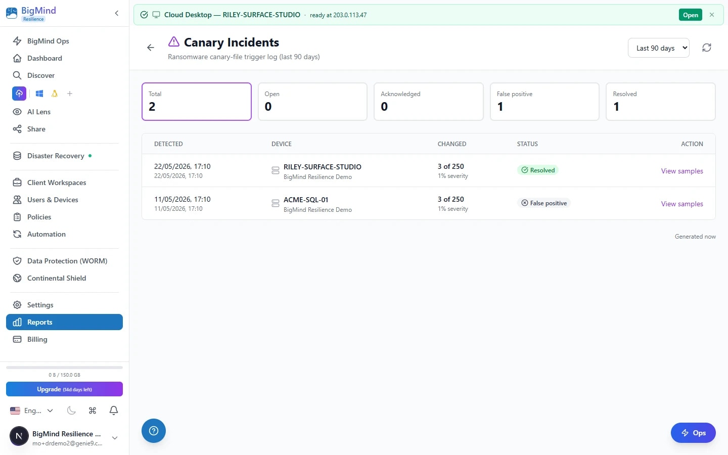 Ransomware canary detection — tamper alert and frozen backup chain in the Recovery Shield dashboard