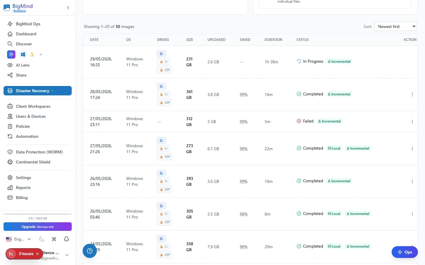 BigMind Resilience disaster recovery — block-level disk images and the recovery path list