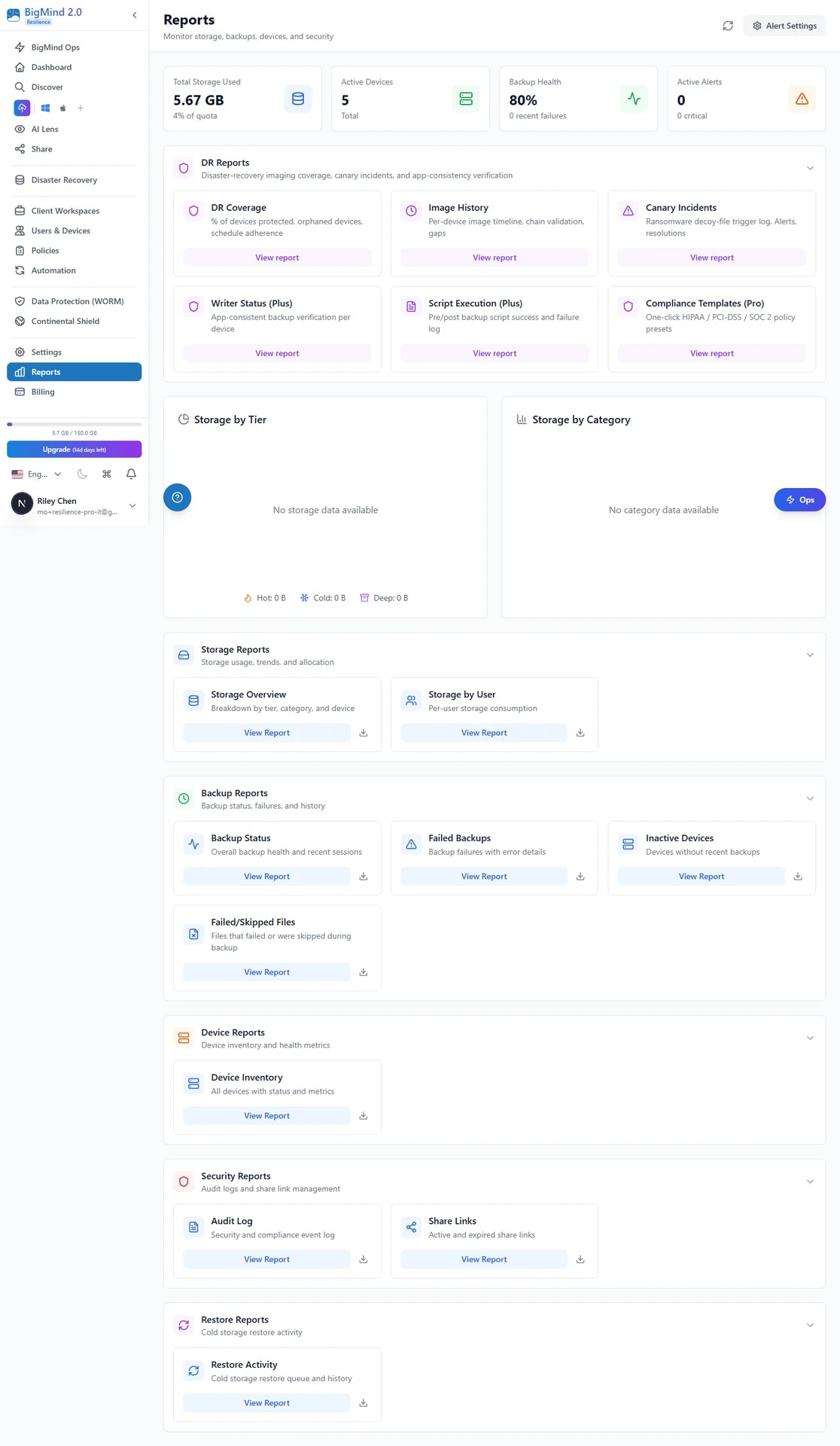 Reports hub showing KPI cards, Storage by Tier donut, and Storage by Category bars