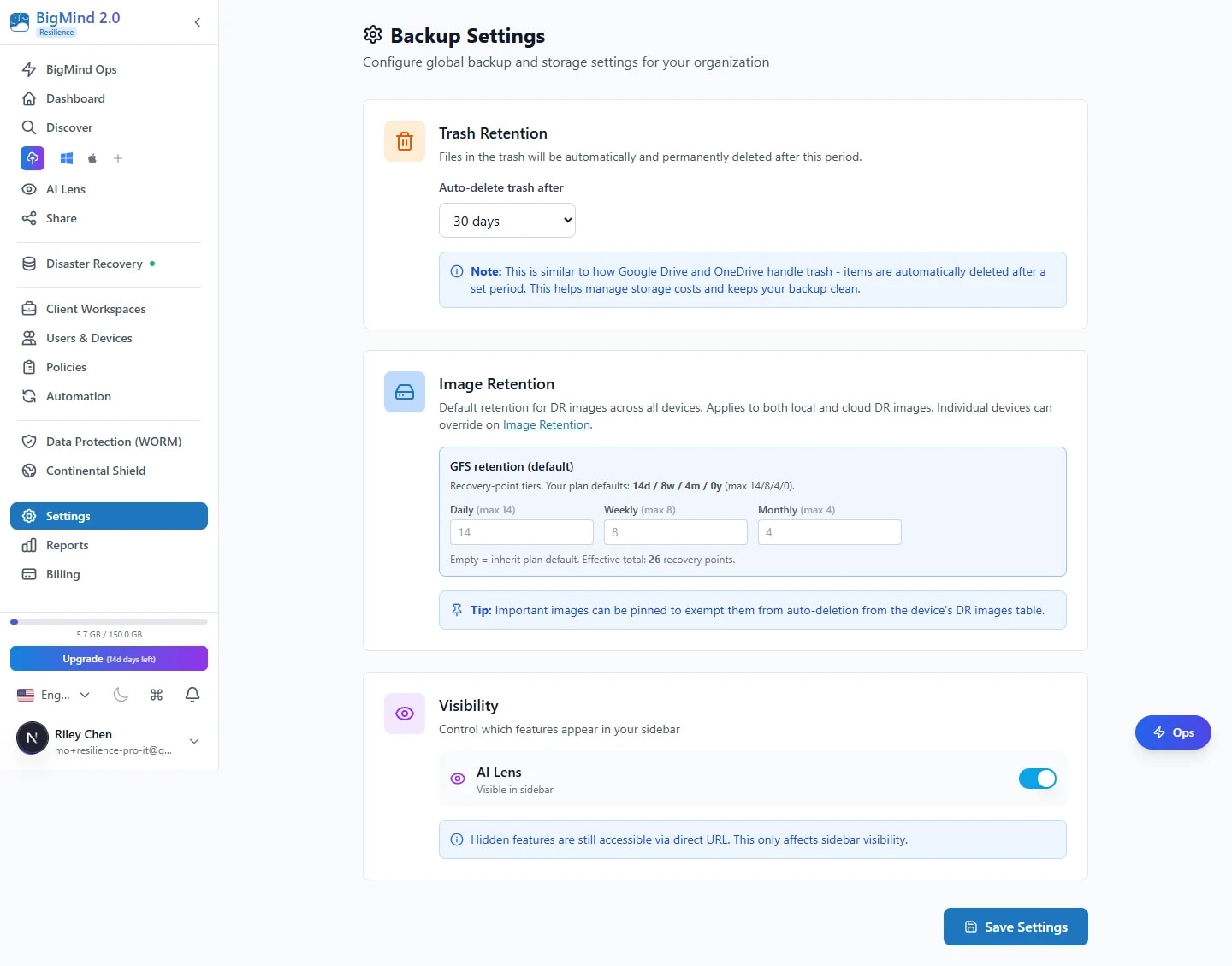 Backup schedule and time-window settings for a policy