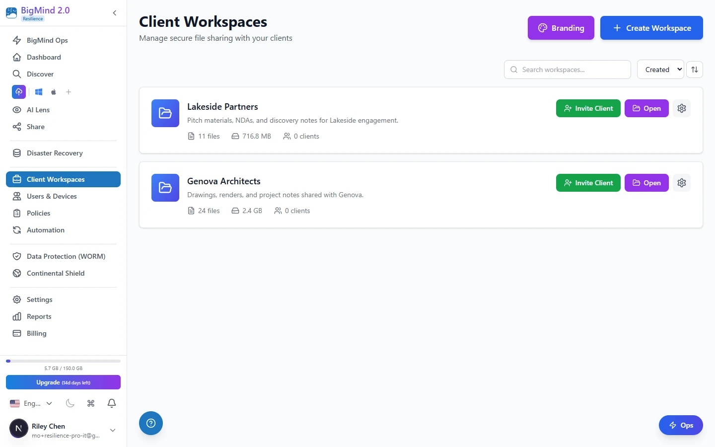 Per-prospect Workspaces in BigMind Resilience — share a single proposal without exposing the pipeline