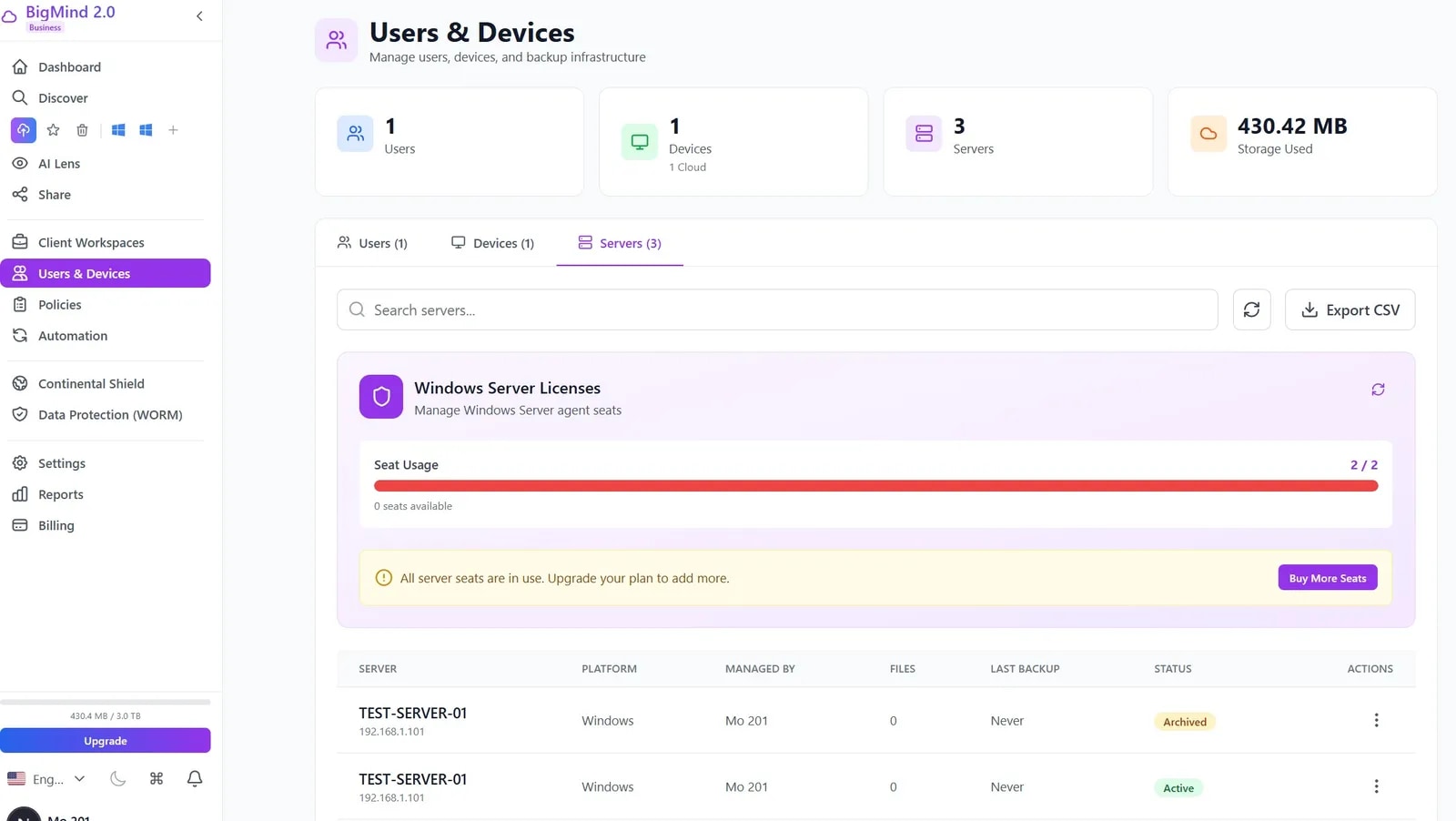 BigMind Resilience Servers tab — license seat management and full server inventory