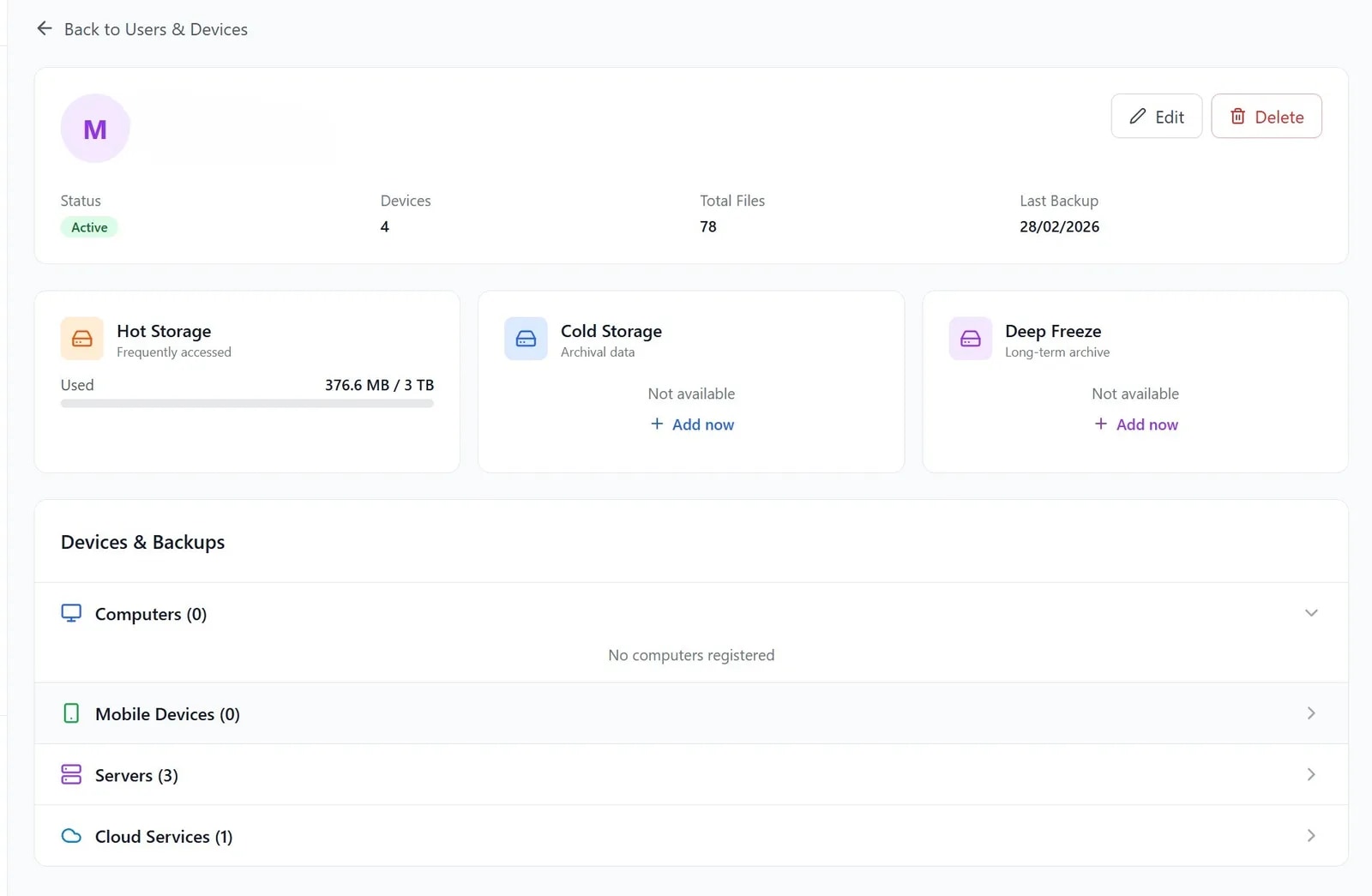 BigMind Resilience user detail view — storage tiers, devices, and backup status